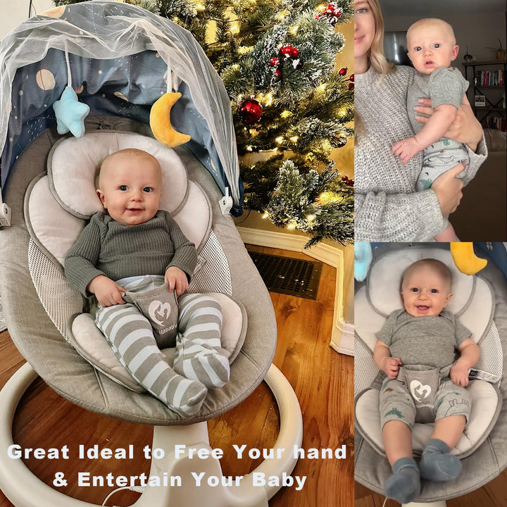 Bluetooth Baby Swing for Infants, Compact & Portable Baby Rocker, 3 Seat Positions, 5 Swing Speed, 10 Lullabies, Remote Control, USB Plug-in Power, Reversible Cushion for All Seasons