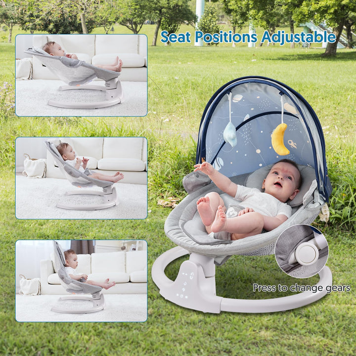 Bluetooth Baby Swing for Infants, Compact & Portable Baby Rocker, 3 Seat Positions, 5 Swing Speed, 10 Lullabies, Remote Control, USB Plug-in Power, Reversible Cushion for All Seasons