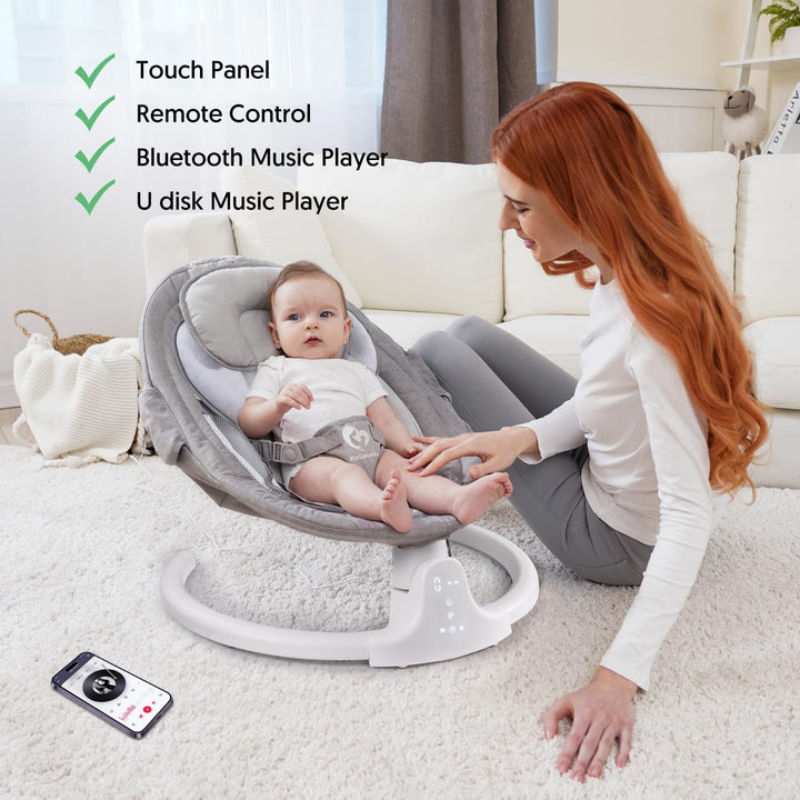 Bluetooth Baby Swing for Infants, Compact & Portable Baby Rocker, 3 Seat Positions, 5 Swing Speed, 10 Lullabies, Remote Control, USB Plug-in Power, Reversible Cushion for All Seasons